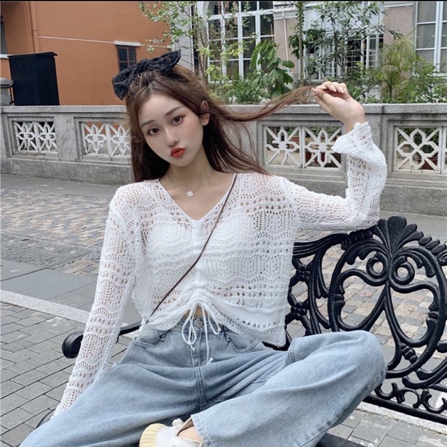 Áo len lưới croptop rút ngực Ulzzang style  Hàng Quảng Châu
