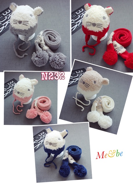 Set mũ len 2 lớp và khăn choàng cổ cho bé