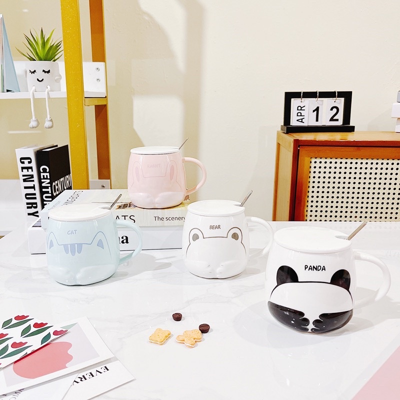 🌸 Cốc uống nước bằng sứ kèm nắp và thìa - Ly sứ hoạ tiết panda, gấu 🌸