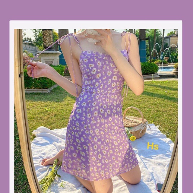 Váy dây hoa tím cổ V HSU1