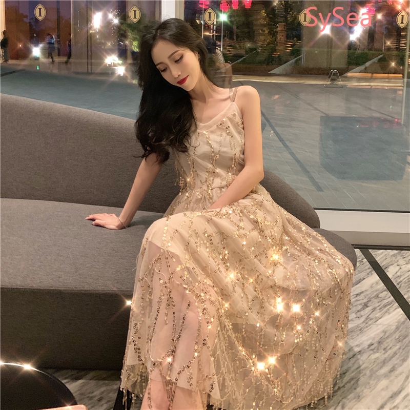 Đầm Maxi Cổ Chữ V Đính Kim Sa Gợi Cảm Cho Nữ