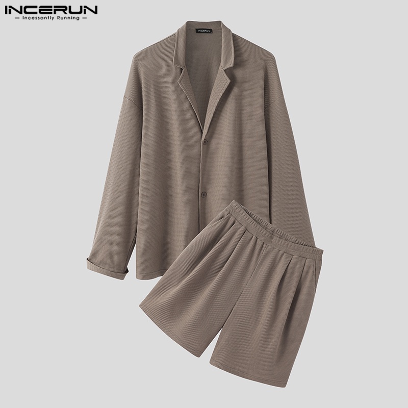 Bộ áo sơ mi dài tay và quần short lưng thun INCERUN thời trang nam tính