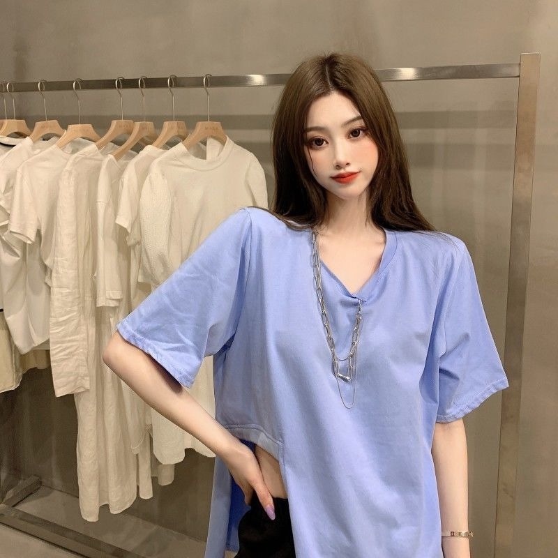 Áo Thun Tay Ngắn Dáng Rộng Màu Sắc Trơn Thiết Kế Xẻ Tà Độc Đáo