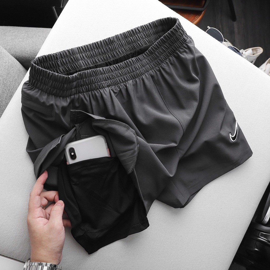 Quần Short đùi tập gym nam 2 lớp NIKE RUNNING LOGO THÊU có lót legging và túi đựng điện thoại