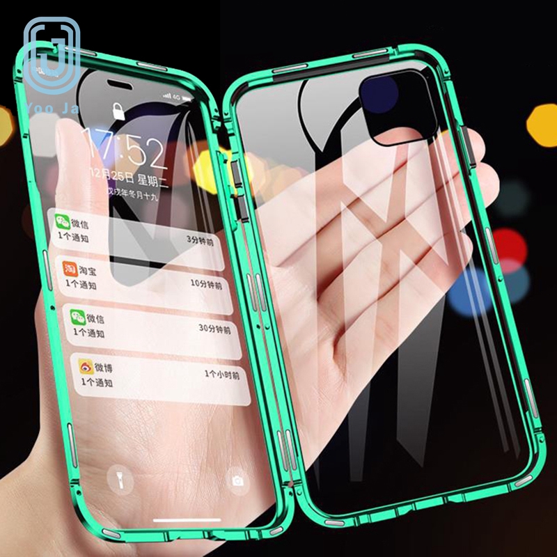 Ốp Điện Thoại Kính Cường Lực Hai Mặt Viền Kim Loại Nam Châm 360 Độ Cho Iphone 6 6s 7 8 Plus X Xr Xs Max 11 12 Mini Pro Max Se 2020