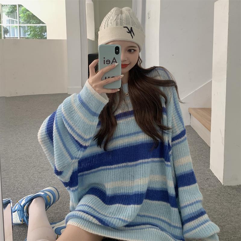 Áo sweater Dáng Rộng Họa Tiết Kẻ Sọc Phong Cách Hàn Quốc Thời Trang Cho Nữ