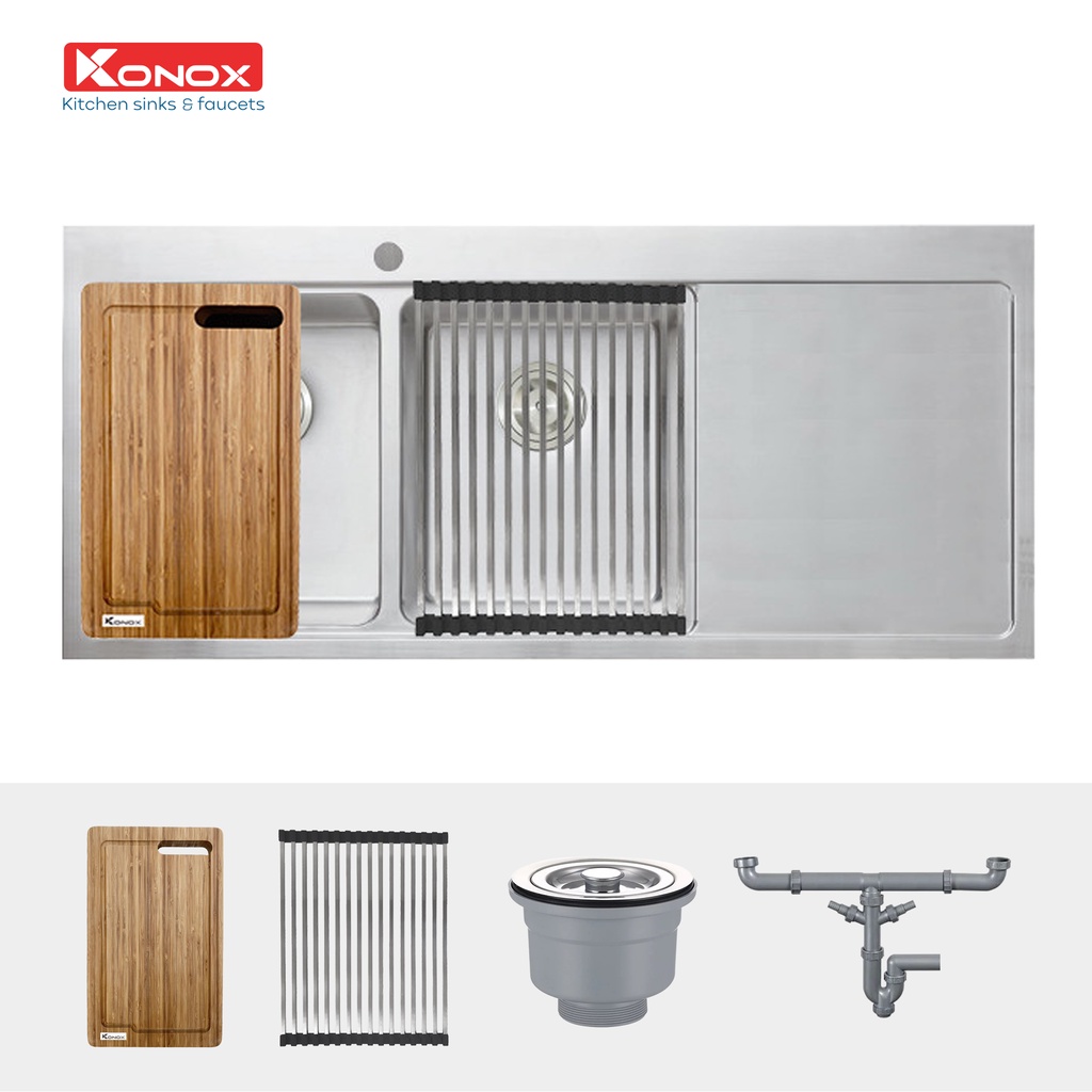 Chậu rửa bát cao cấp KONOX Topmount Series KN11650TD, inox 304AISI, full set gồm Siphon+Thớt gỗ+Rollmat