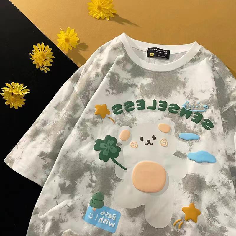 Áo Thun Tay Ngắn Cổ Tròn Dáng Rộng In Họa Tiết Chú Gấu Hoạt Hình Phong Cách Nhật Bản Thời Trang Mùa Hè Cho Bé Gái 11-14 Tuổi
