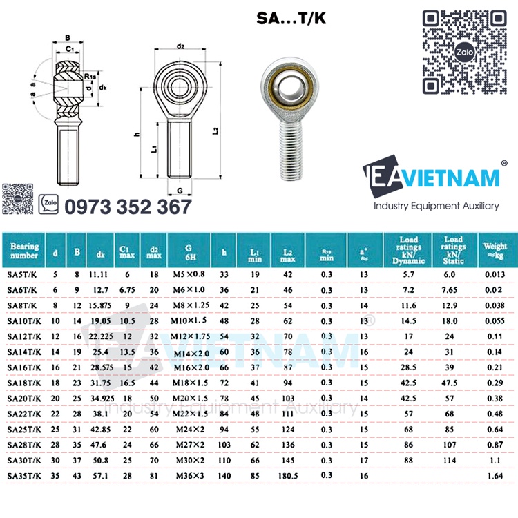 Vòng bi mắt trâu SA ...T/K 5mm 6mm 8mm 10mm 12mm 14mm 16mm 18mm 20mm T/K M6 M8