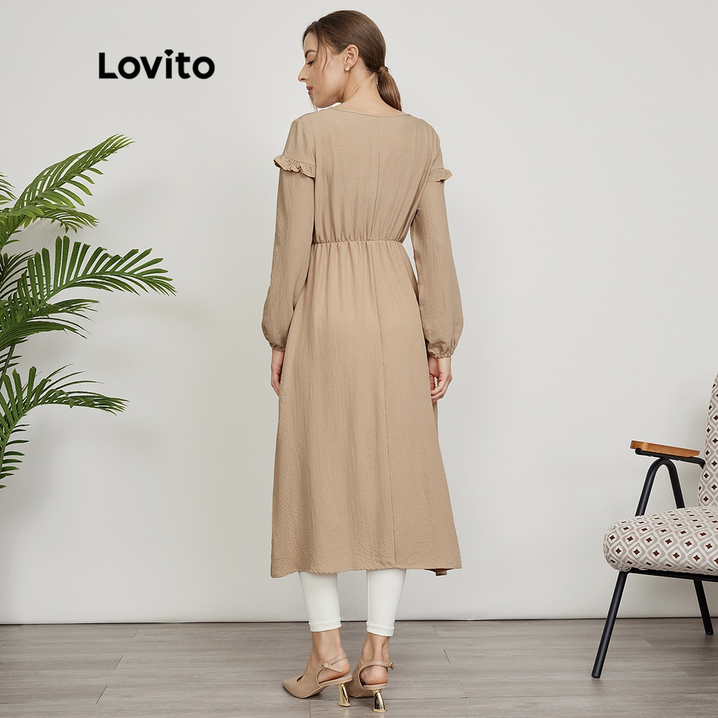 Lovito Đầm suông xếp nếp đơn giản L24ED114 (Kaki)