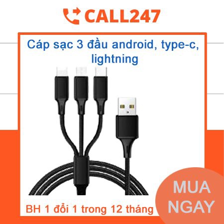 [ BH 1 Đổi 1 ] Cáp Dù Sạc Tích Hợp 3 Đầu Kết Nối Type-C, Android và Lightning