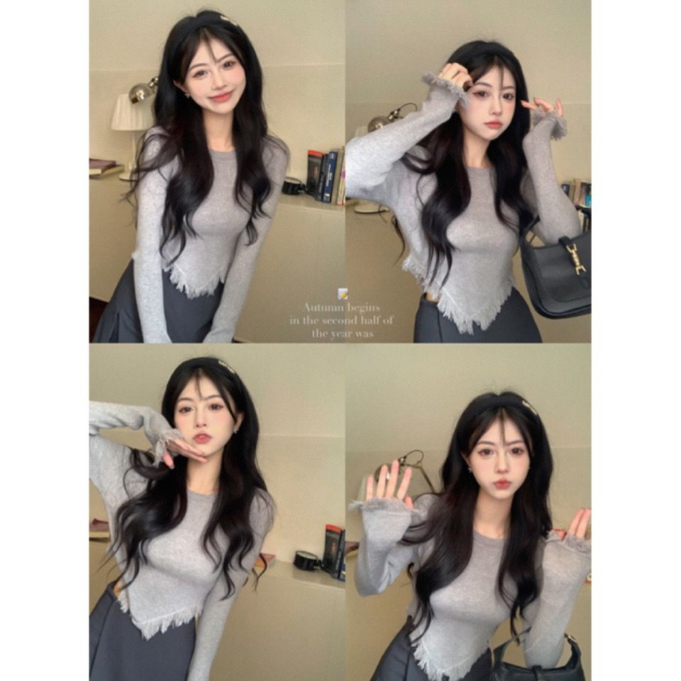 Jiashucheng Áo Dệt Kim Tay Dài Dáng Ôm Ngắn Phối Tua Rua Thiết Kế Không Đều Cá Tính Cho Nữ
