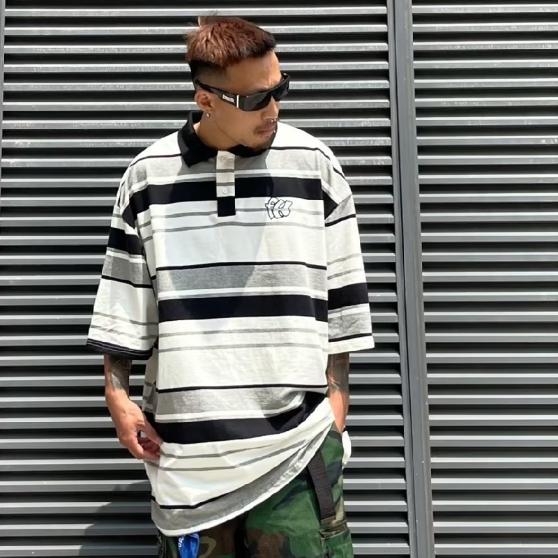 Áo Thun POLO Ngắn Tay Form Rộng Họa Tiết Kẻ Sọc Phong Cách Hiphop Đường Phố Hàn Quốc