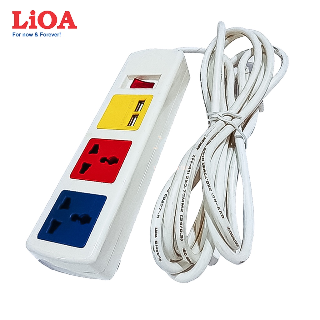 Ổ cắm điện USB, ổ cắm kéo dài đa năng LIOA, 2200W, 3 ổ cắm, 1 công tắc, 2 USB, dây dài 3M, 3D32WNUSB