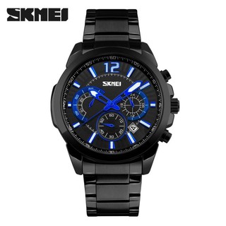 Đồng hồ nam SKMEI dây thép cao cấp chạy 6 kim mặt tròn 42mm có lịch kim dạ quang chống xước chống nước tuyệt đối 9108