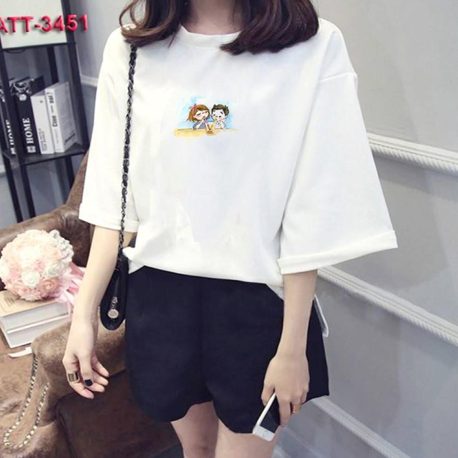 Áo thun nữ tay lỡ Hàn Quốc form rộng in hình đôi bàn cùng bàn vài dày mịn TEEWOTL38