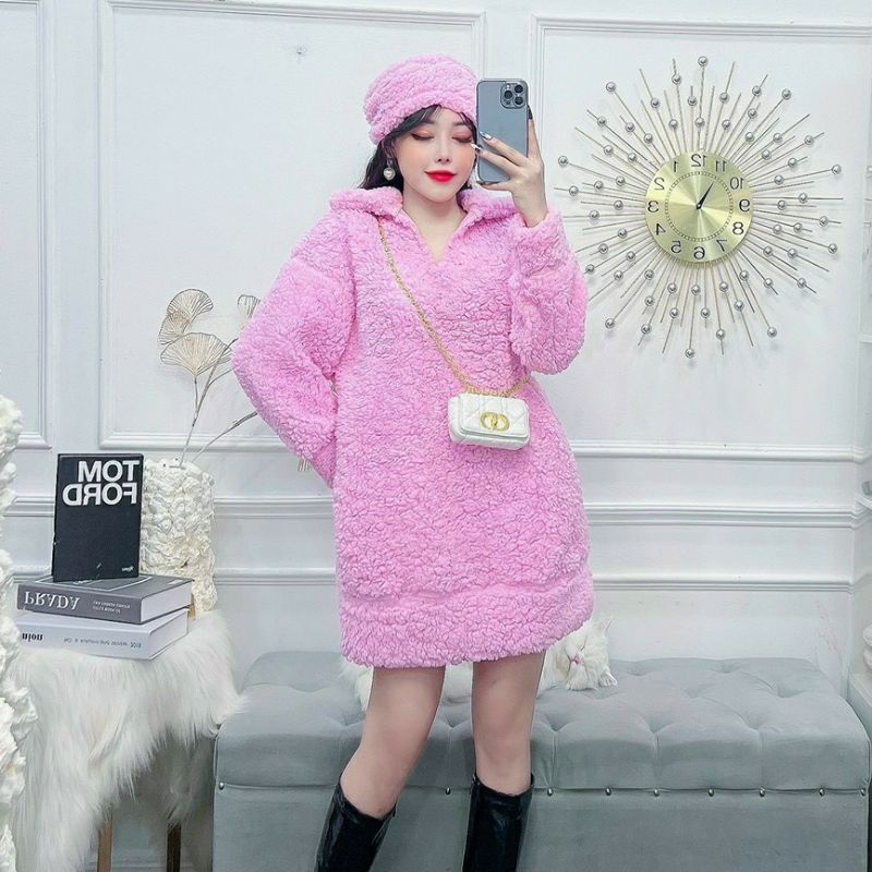 Đầm suông lông cao cấp, set váy lông mềm mịn kèm mũ Mã V01 hàng New Duzu Store