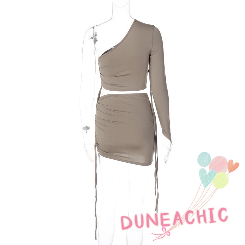 DUNEA Set Áo Croptop Trễ Vai + Chân Váy Bút Chì Thiết Kế Dây Rút Nữ Tính