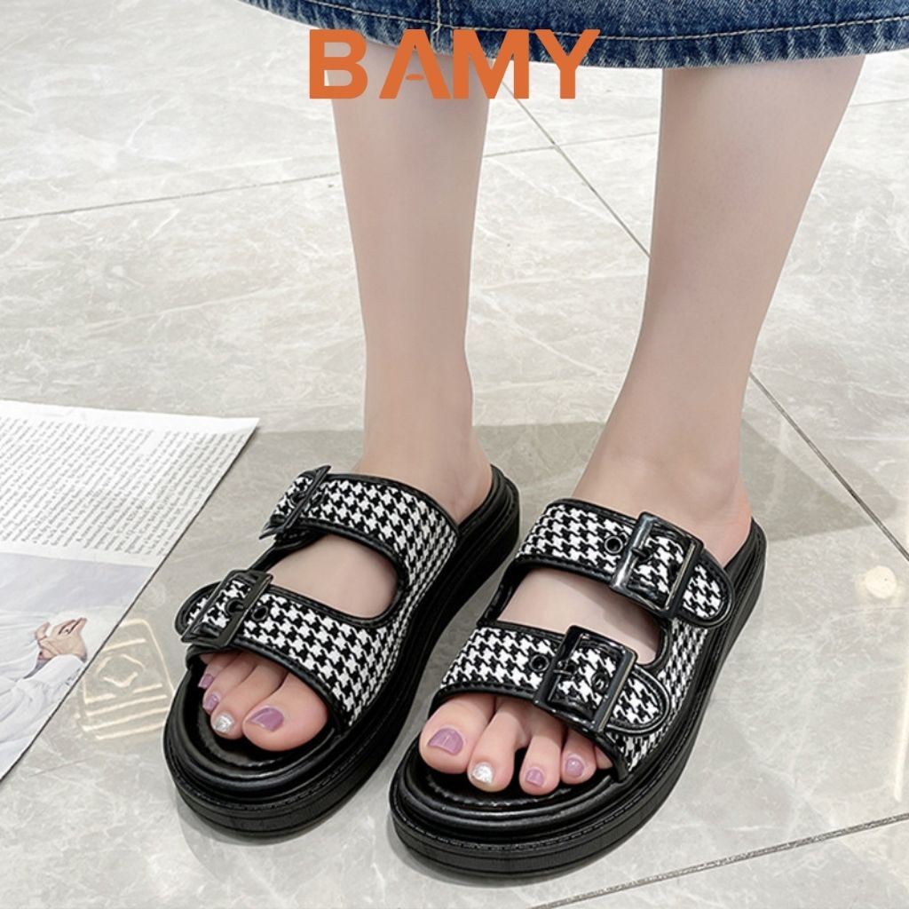 Dép Sandal nữ 2 quai ngang gắn Khuy Vuông BAMY, Dép thời trang nữ Hàn Quốc đế bằng cao 3cm