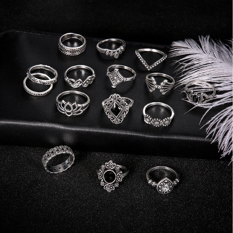 Bộ 15 nhẫn nữ phong cách bohemian cổ điển đính đá bằng bạc chất lượng cao