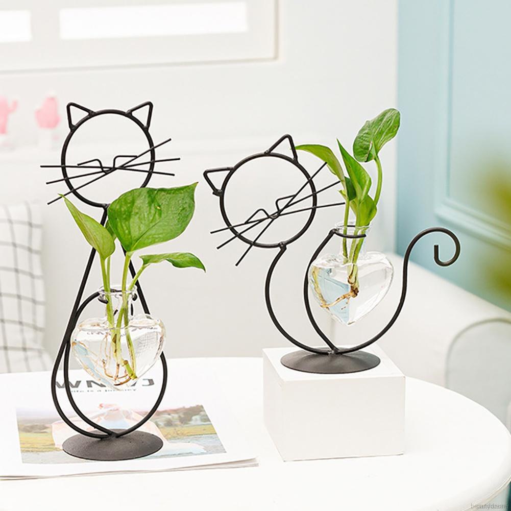 Bình thủy tinh đựng hoa dễ thương chịu nhiệt cao có giá đỡ kim loại hình mèo