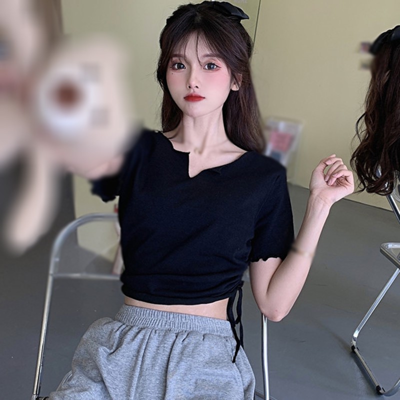 Áo Thun Tay Ngắn Dáng Ôm Phối Dây Rút Cá Tính Trẻ Trung Hợp Thời Trang