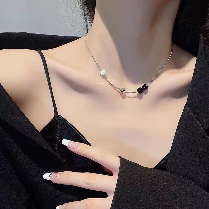 Vòng cổ Mặt Đá Đen Trắng Phong Cách retro Hàn Quốc Chất Lượng Cao