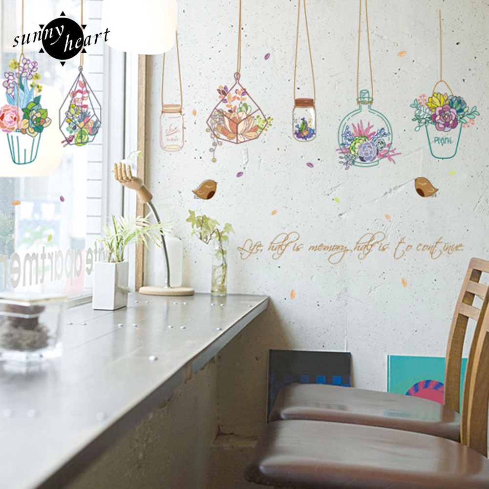 Đề can dán tường họa tiết chậu cây hoạt hình dùng để trang trí cho phòng tắm