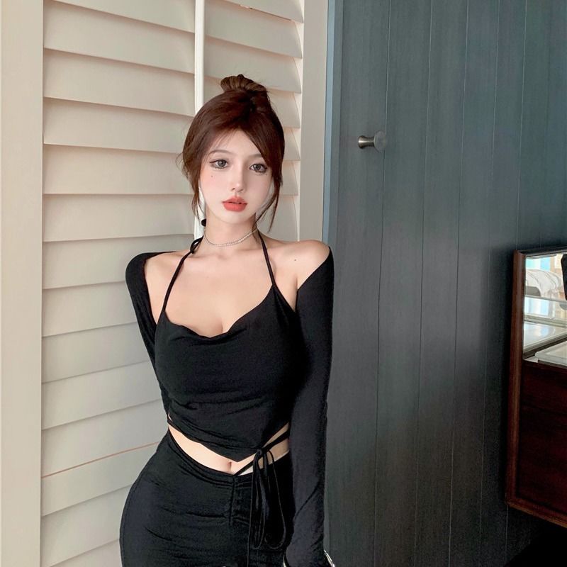 Set đồ COZOKC gồm áo hai dây và áo cardigan dài tay thiết kế quyến rũ cho nữ