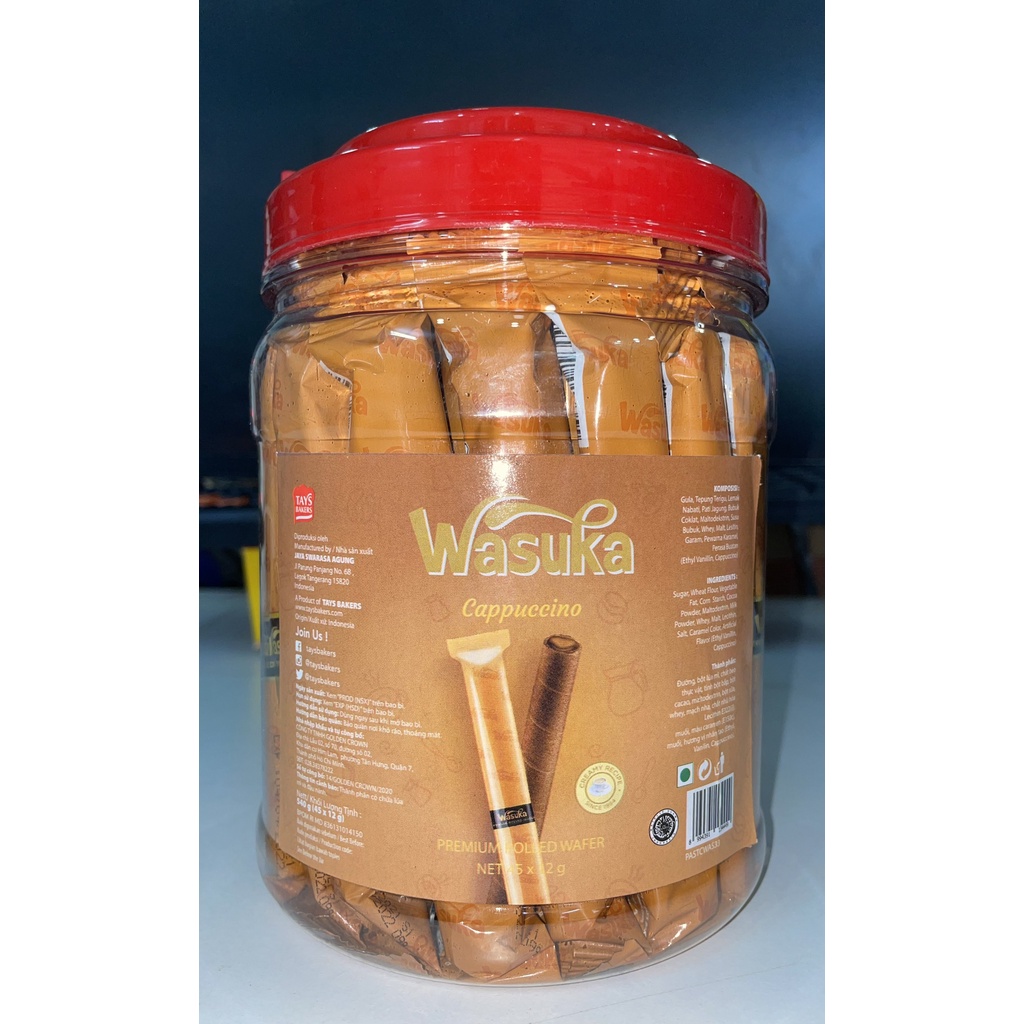 Bánh Quế Wasuka Premium Rolled Wafer Vị Cappuccino (Hủ 45 cây x 12g)