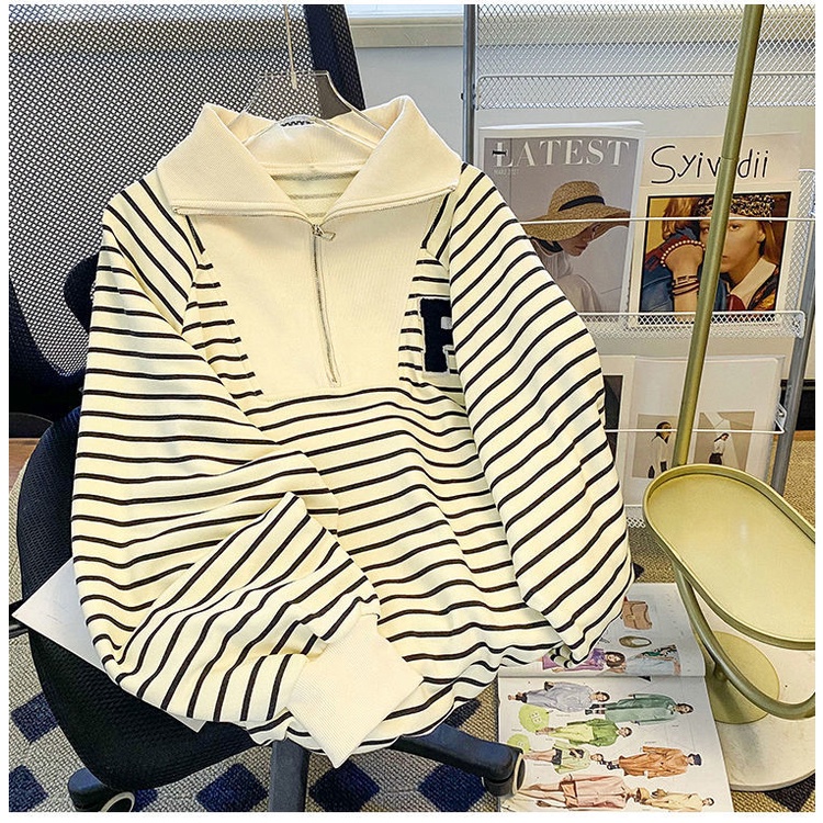 Áo Khoác Cổ Đứng Dáng Rộng Họa Tiết Kẻ Sọc Có Khóa Kéo Phong Cách Hàn Quốc Thời Trang Mùa Thu Cho Nữ