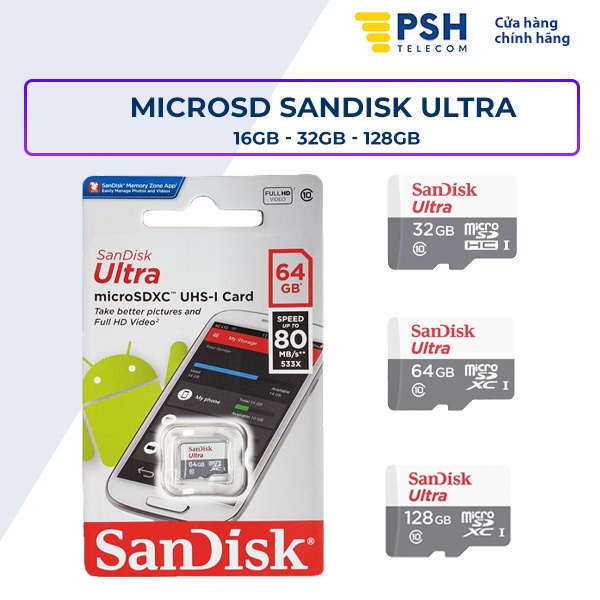 Thẻ Nhớ SanDisk Ultra MicroSD Dung Lượng 32G-64GB-128G tốc độ cao 100MB/s Class 10 UHS-1 không Adapter - Hàng Chính Hãng