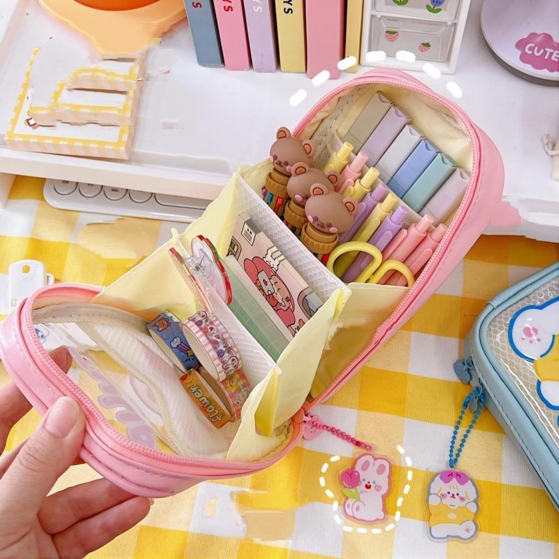 Túi Đựng Bút Bằng PVC Trong Suốt Nhiều Ngăn Họa Tiết Gấu Hoạt Hình Dễ Thương