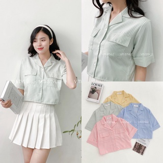 Áo sơ mi croptop tay ngắn túi giả kẻ sọc thời trang nũ ulzzang Hàn Quốc VM Shop 22SU03HT1603