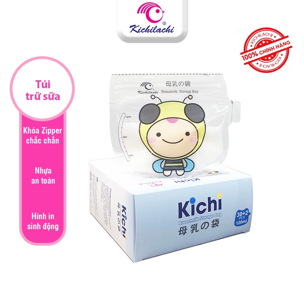 Hộp 32 Túi trữ sữa KICHILACHI 120ml hình quả táo, có vòi rót an toàn, tiện dụng cho bé