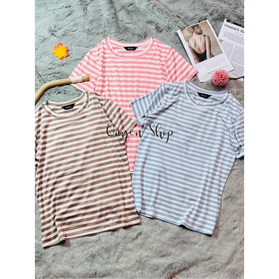 Áo Thun Nữ Cổ Tròn Sọc Ngang Thun Cotton Lạnh-QS QUYEN SHOP