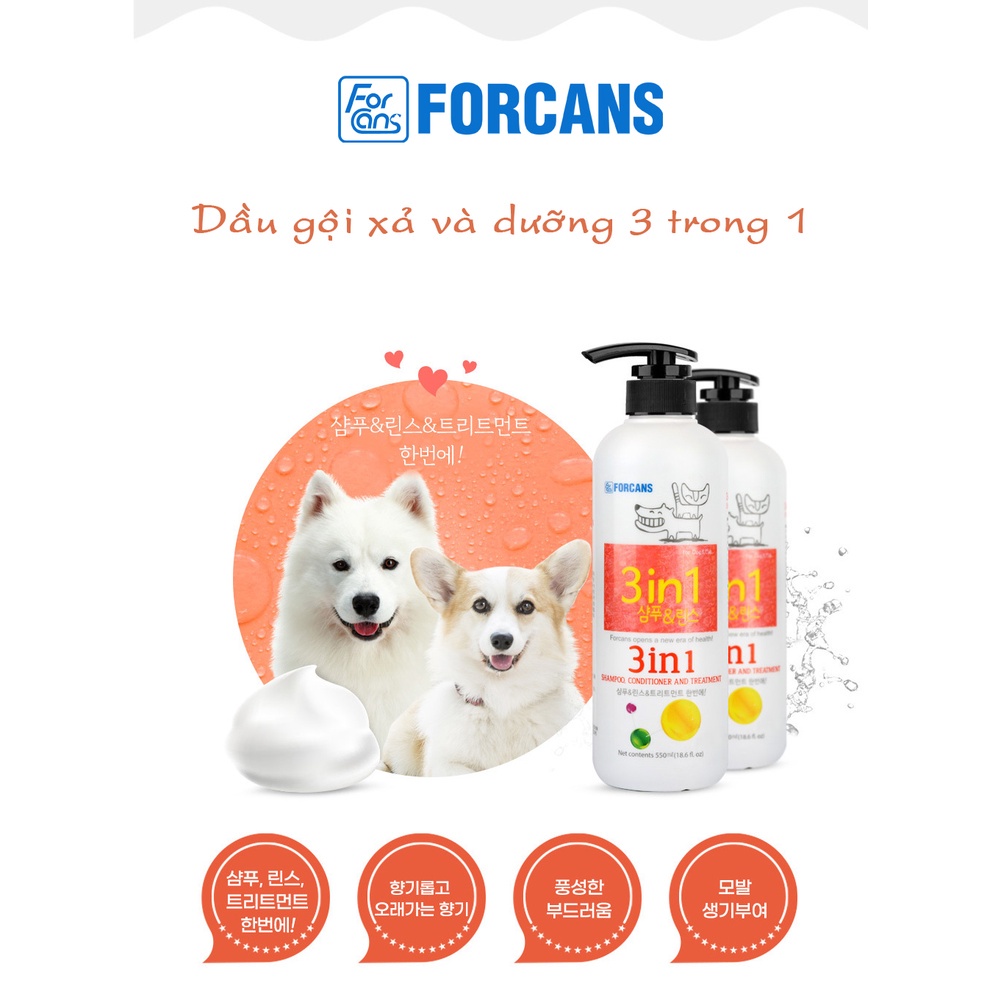 Dầu gội chó mèo Forcans 3 in 1 🆓FREESHIP🆓 Chai 550 ml - Làm Sạch, Giữ Ẩm, Cung Cấp Dinh Dưỡng trong 1 lần gội