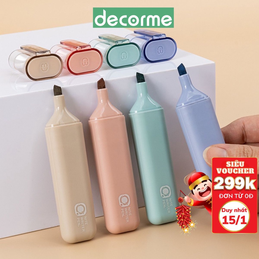 Bút highlight Pastel Lớn QJ Set 4 bút DecorMe dùng để đánh dấu nhớ dòng đầu mềm bút trang trí sổ bullet journal WD