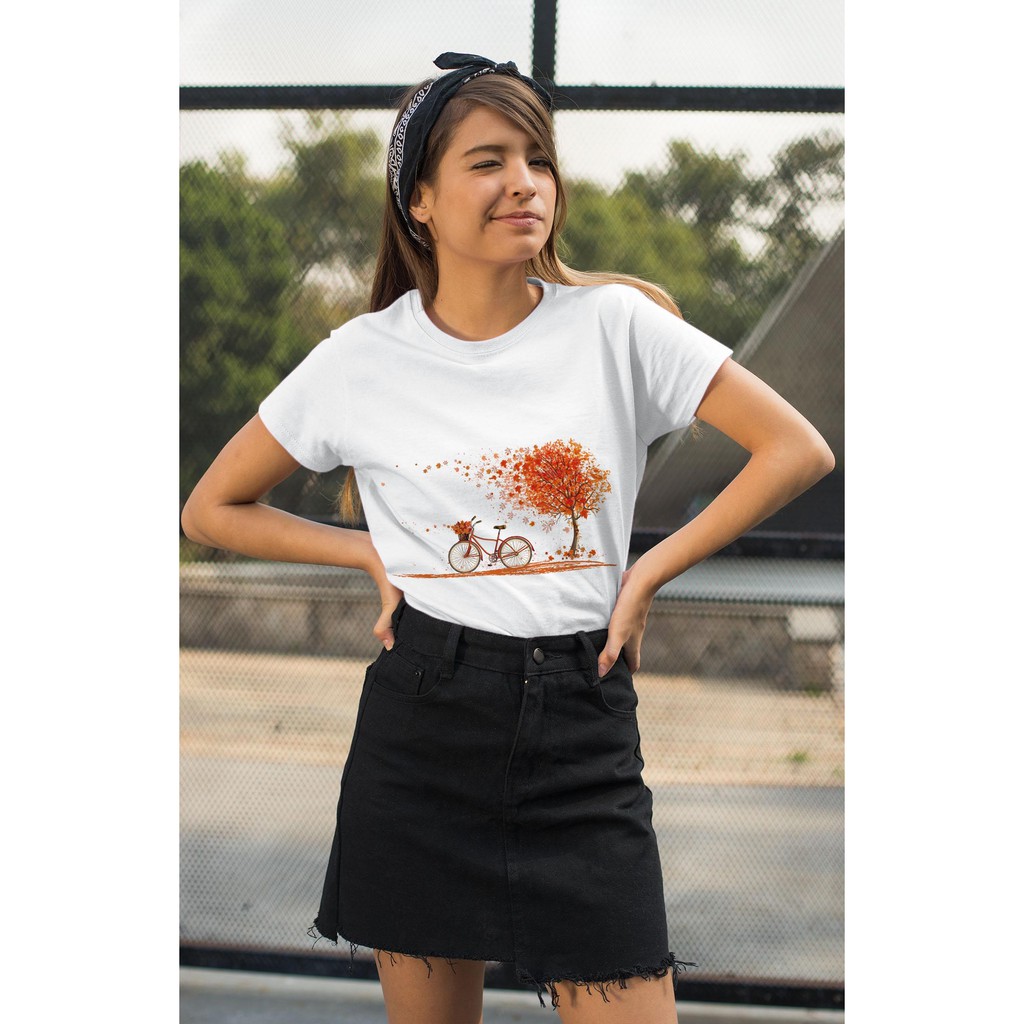 Áo thun Nữ in hình xe đạp và cây là mùa thu rất thơ mộng - Cotton Thun - Phong Cách Dẽ Thương - Cá Tính Và Đẹp