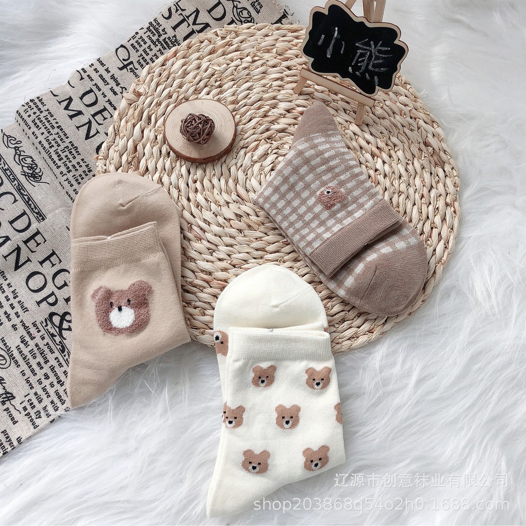 Tất nữ Cổ cao In hình Gấu Hoạt hình Dễ thương Nhật Bản Vớ Cổ cao nữ Cute Cotton