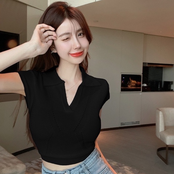 Áo thun polo dệt kim ZHELIHANGFEI ngắn tay lưng cao thời trang