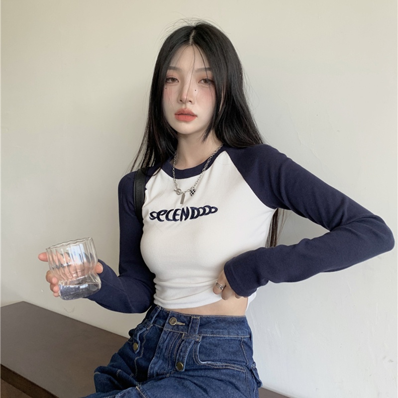 IELGY  Áo Thun Tay Dài Dáng Ôm Màu Sắc retro Dành Cho Nữ