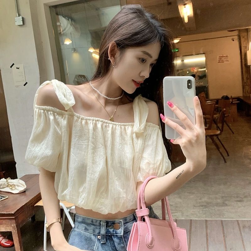 Áo Kiểu Tay Ngắn Trễ Vai Màu Trơn Phong Cách Hàn Quốc Thời Trang Mùa Hè Hàng Mới 2022