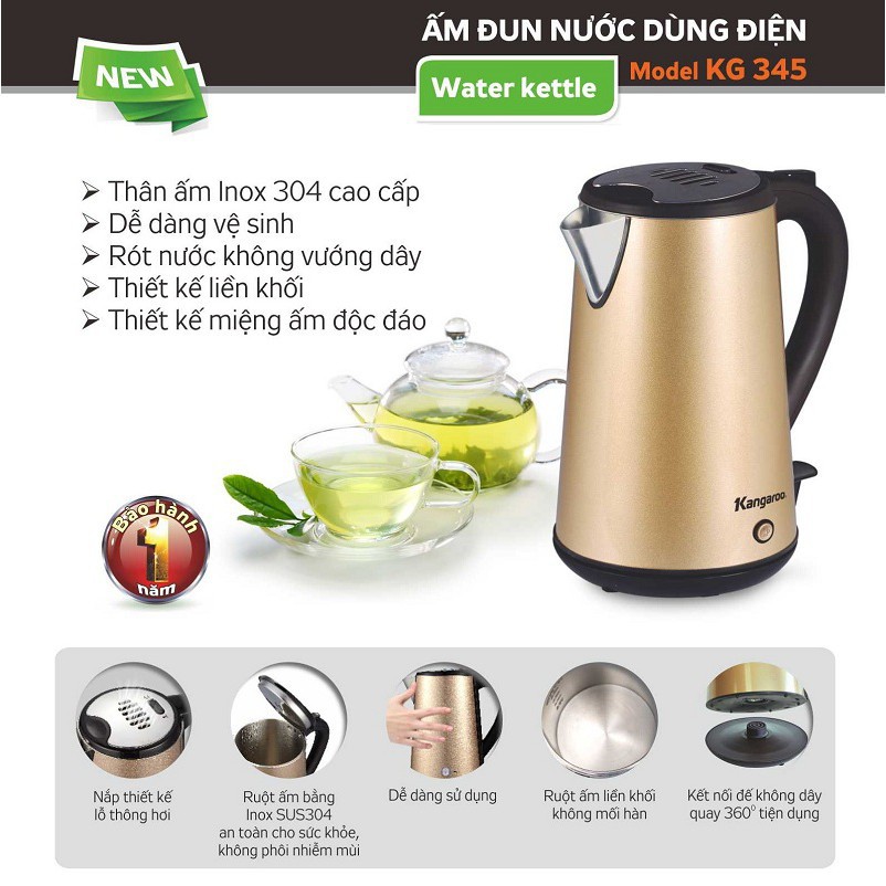 Bình siêu tốc thân inox 304 1.5 lít Kangaroo KG345