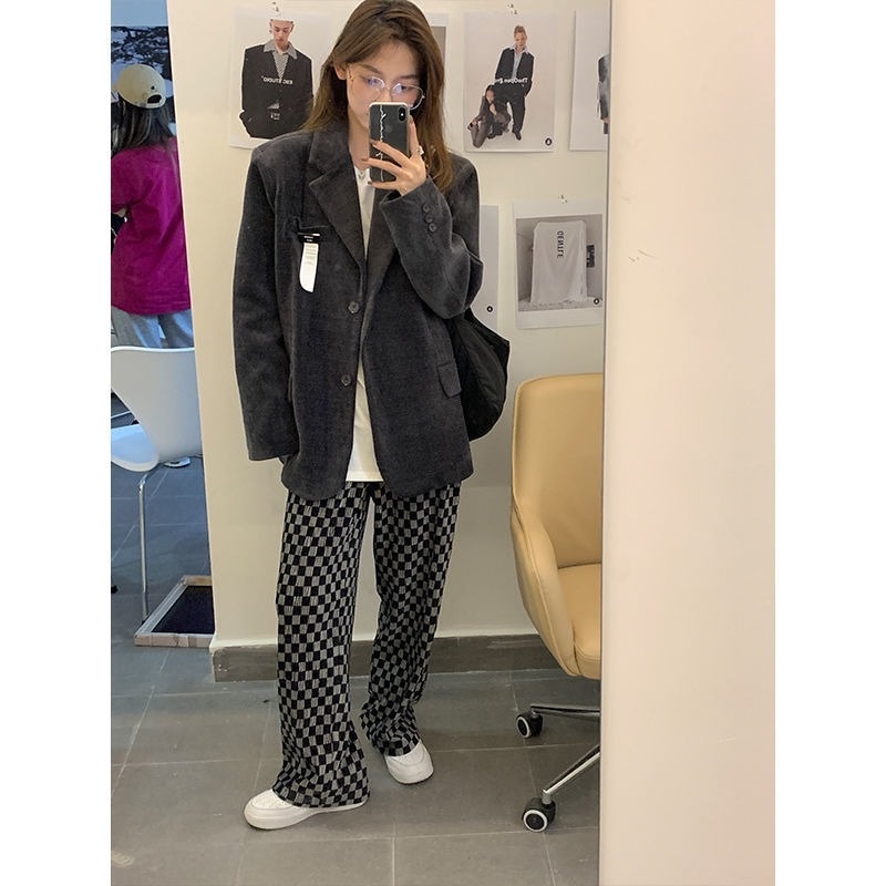 Quần ống rộng Họa Tiết Sọc Caro Thời Trang Thu Đông Cá Tính Cho Nữ