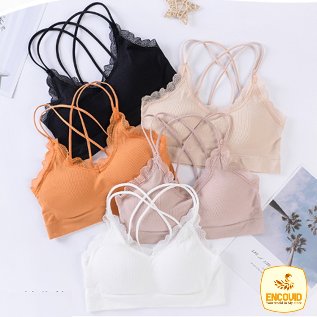 Áo bra nữ len gân tăm họa tiết viền ren 4 dây chéo lưng ENCOVID ALN08