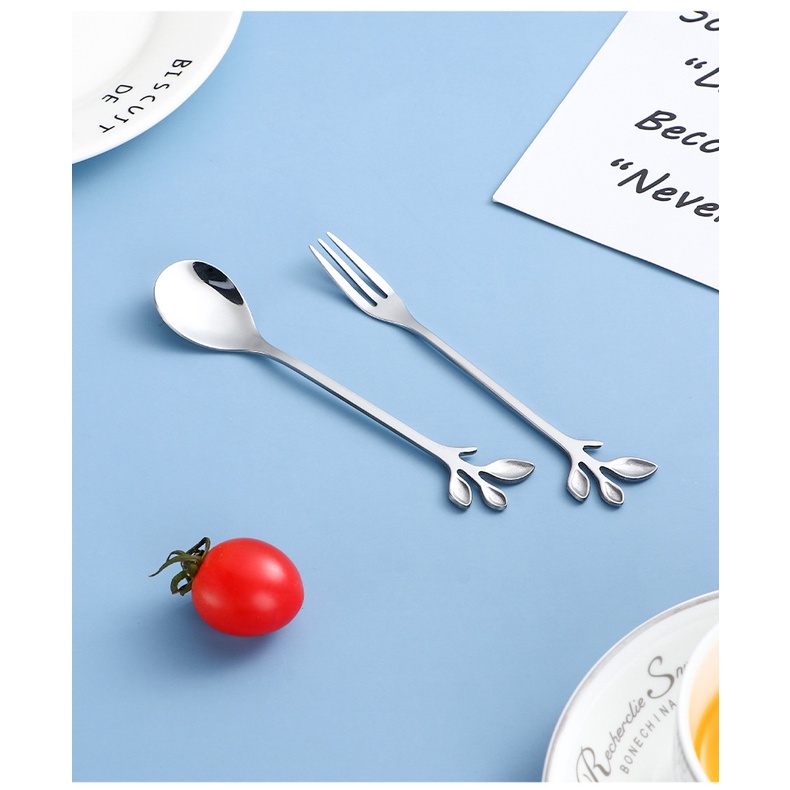 Bộ Muỗng Nĩa Ăn Tráng Miệng Hình Chiếc Lá Bằng Thép Không Gỉ Dễ Thương Xinh Xắn