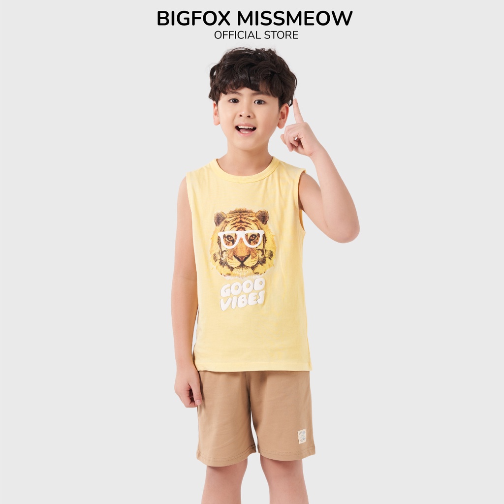 Bộ sát nách bé trai Bigfox – Miss Meow chất cotton hình in good vibes từ 11-40kg VNXK