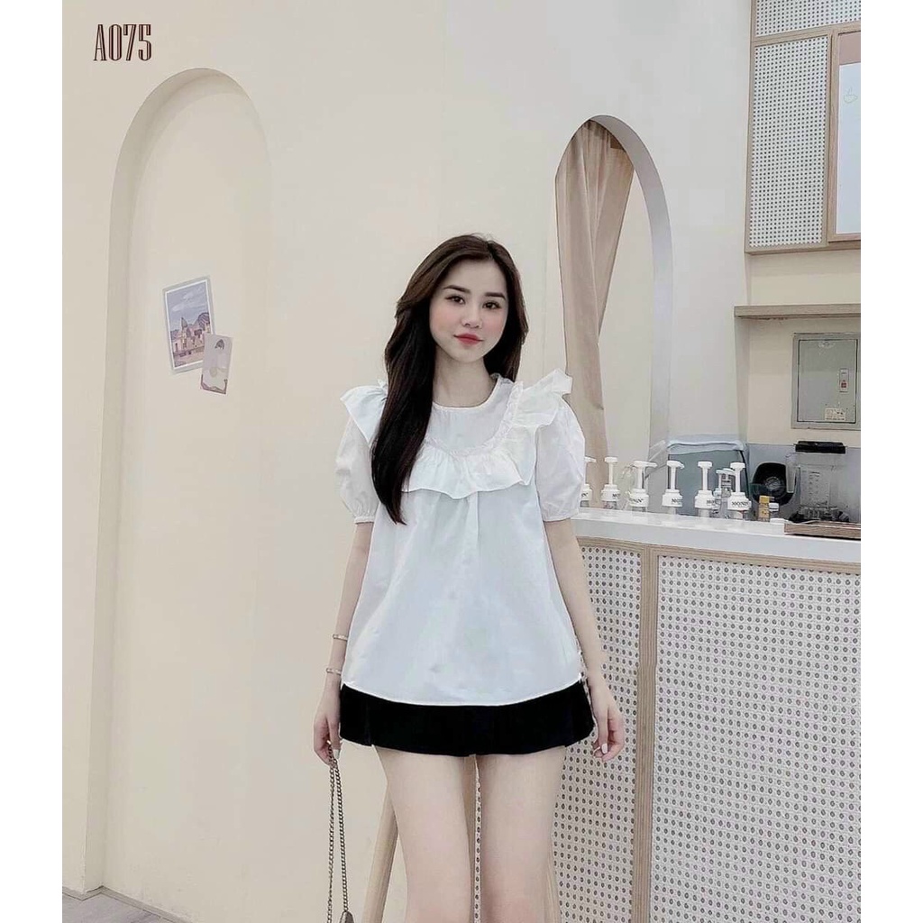Sét áo bánh bèo cổ tròn ống tay bo chun mix với chân váy đen cực xinh cho chị em đi dạo phố