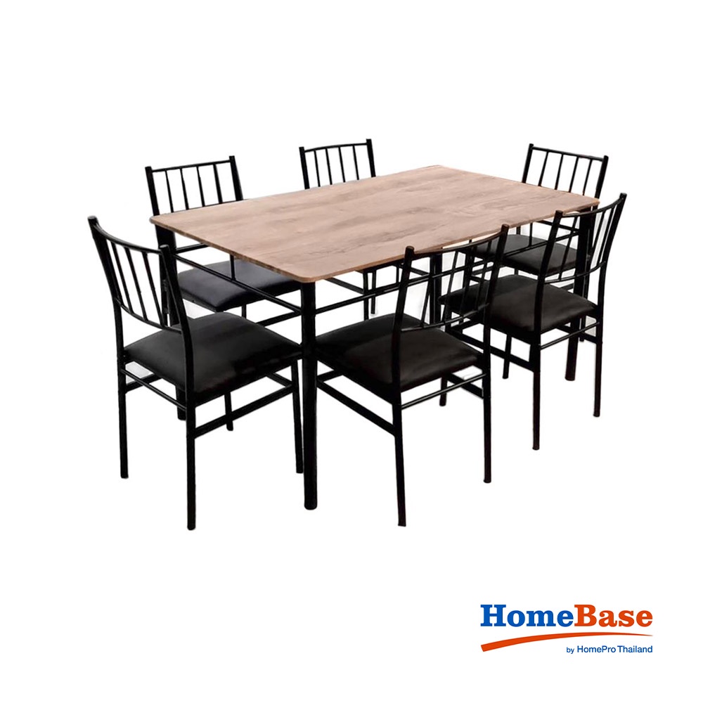 HomeBase FURDINI Bộ bàn ăn gồm 6 ghế có khung bằng thép chịu lực cao cấp GENTO W140xH75xD80cm màu gỗ sồi đậm